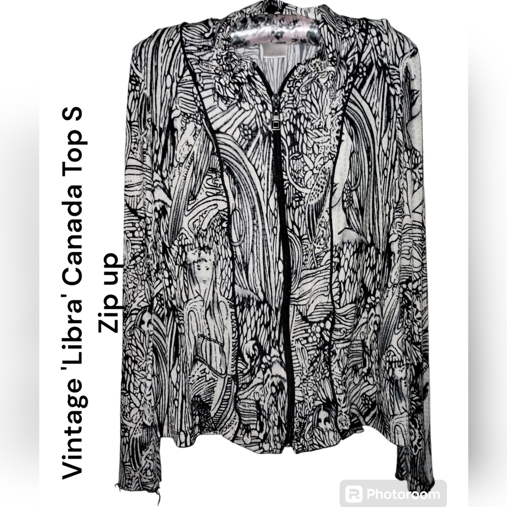 Vtg Libra Canada zip up floral line drawing shirt S